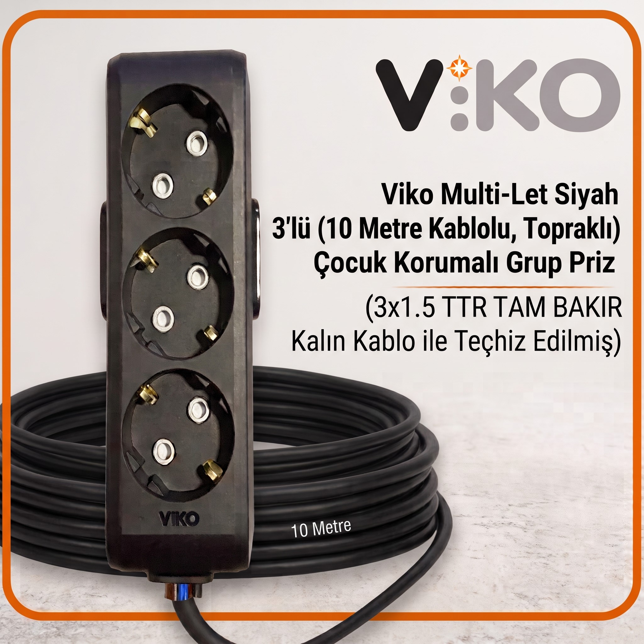 Viko Multi-Let Siyah 3’lü Grup Priz, 10 metre 3x1.5 TTR tam bakır kalın kablo