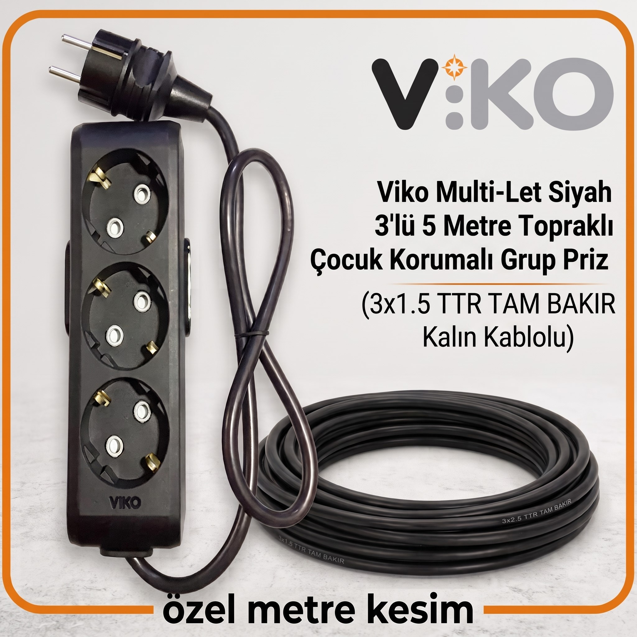 Viko Multi-Let Siyah 3’lü Grup Priz, 5 metre 3x1.5 TTR tam bakır kalın kablo