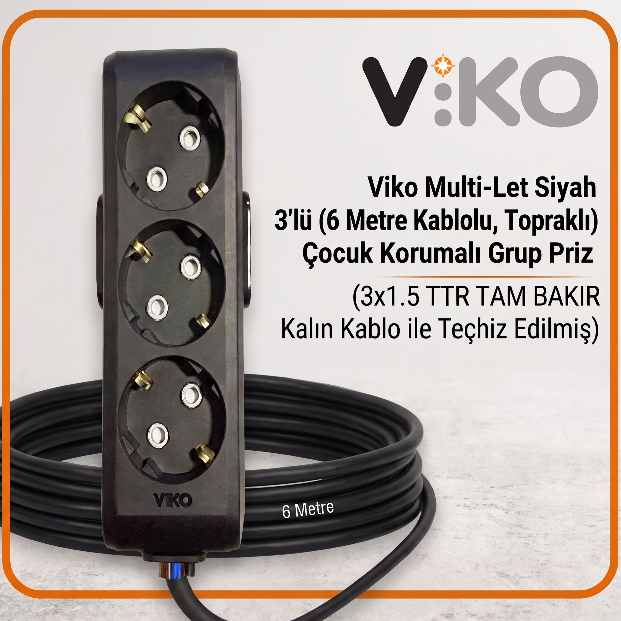 Viko Multi-Let Siyah 3’lü Grup Priz, 6 metre 3x1.5 TTR tam bakır kalın kablo