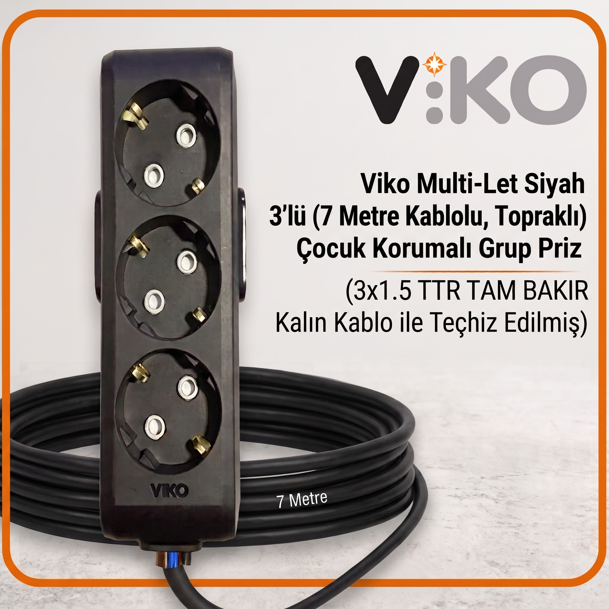 Viko Multi-Let Siyah 3’lü Grup Priz, 7 metre 3x1.5 TTR tam bakır kalın kablo