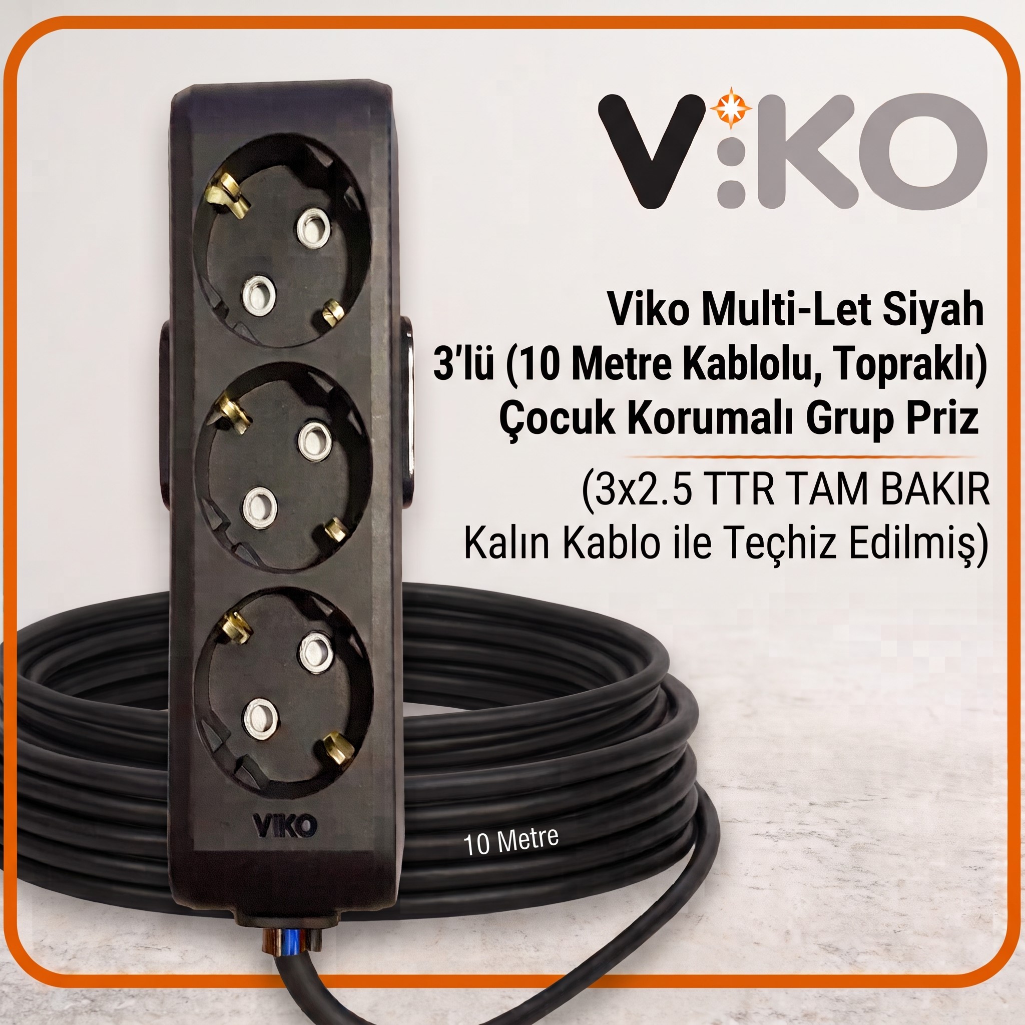 Viko Multi-Let Siyah 3’lü Grup Priz, 10 metre 3x2.5 TTR tam bakır kalın kablo
