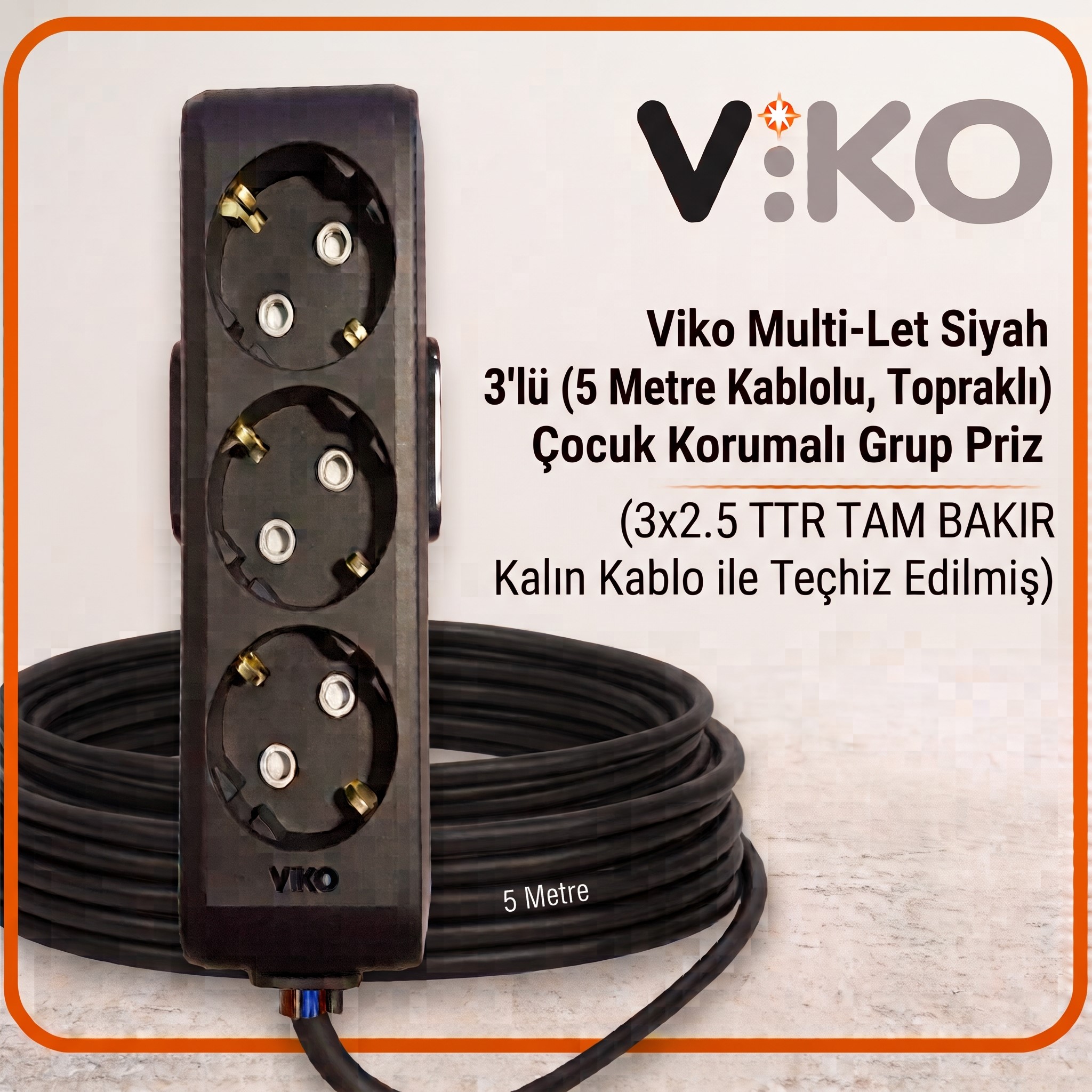 Viko Multi-Let Siyah 3’lü Grup Priz, 5 metre 3x2.5 TTR tam bakır kalın kablos