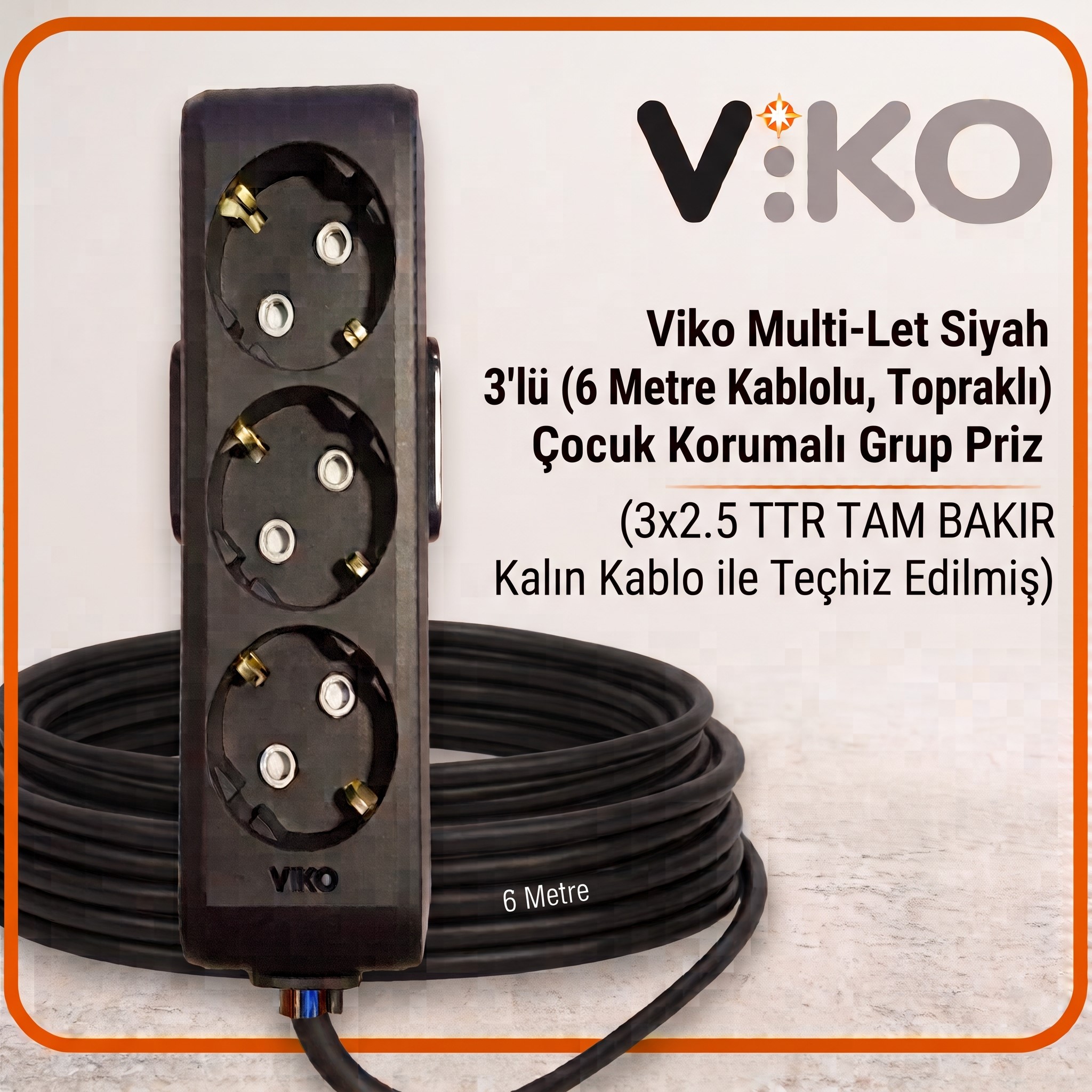 Viko Multi-Let Siyah 3’lü Grup Priz, 6 metre 3x2.5 TTR tam bakır kalın kablosuyla