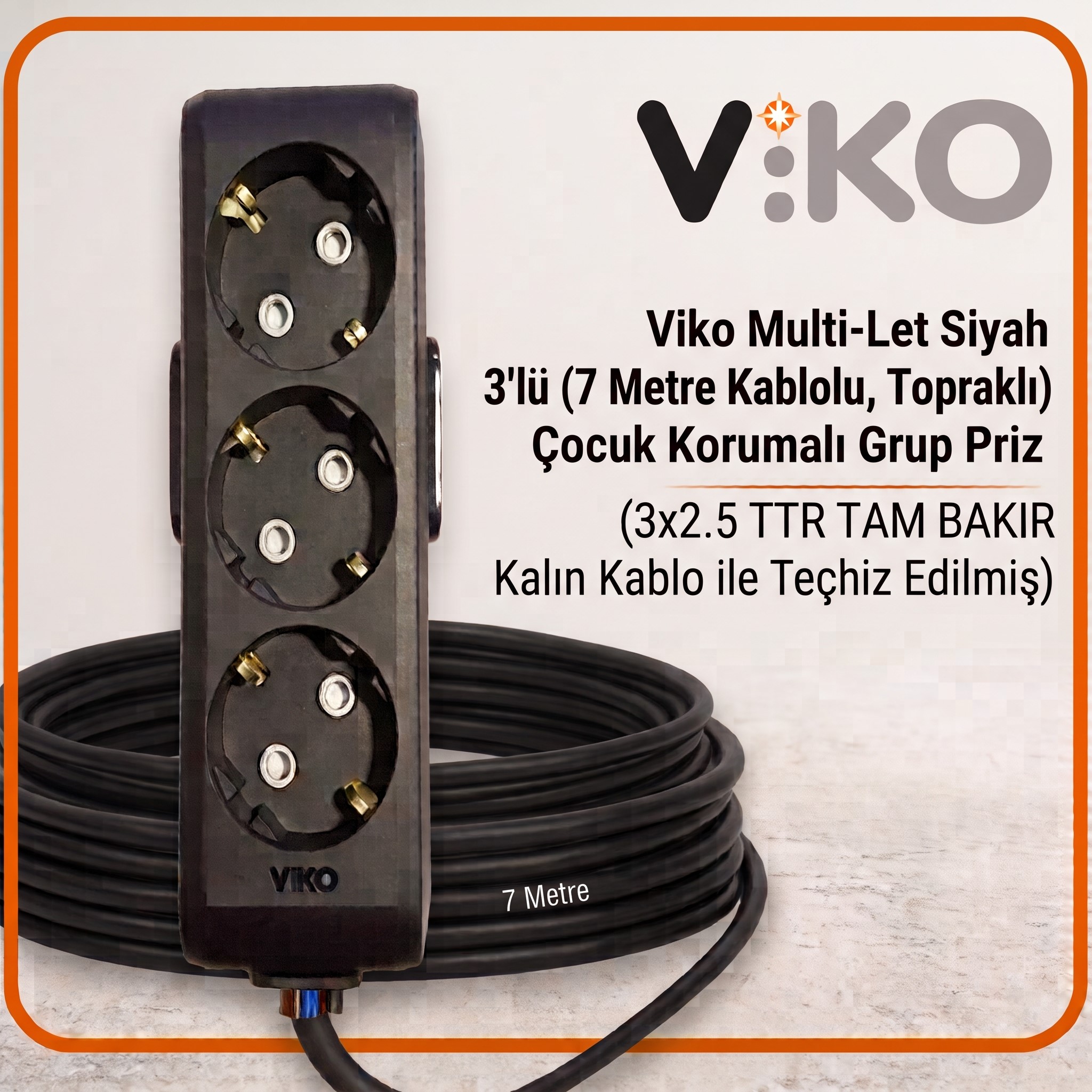 Viko Multi-Let Siyah 3’lü Grup Priz, 7 metre 3x2.5 TTR tam bakır kalın kablo