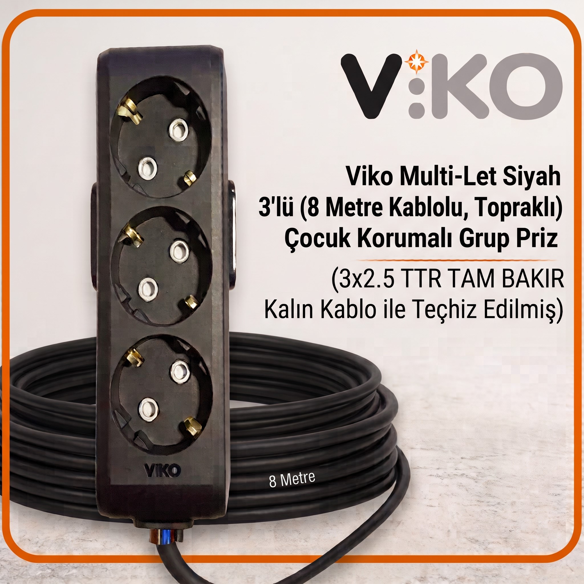 Viko Multi-Let Siyah 3’lü Grup Priz, 8 metre 3x2.5 TTR tam bakır kalın kablo