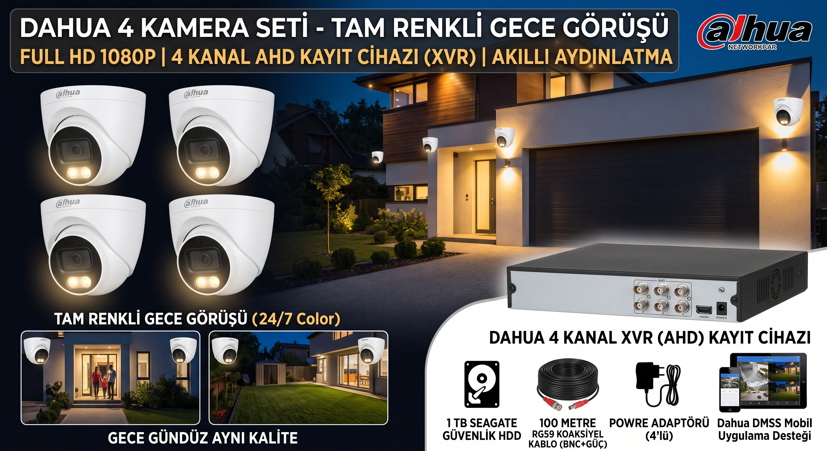 4 Kameralı 2MP IR HDCVI Sabit Odaklı Gece Görüşlü, Dış Mekan Mekan Kamera Sistemi-Hazır Kamera Seti