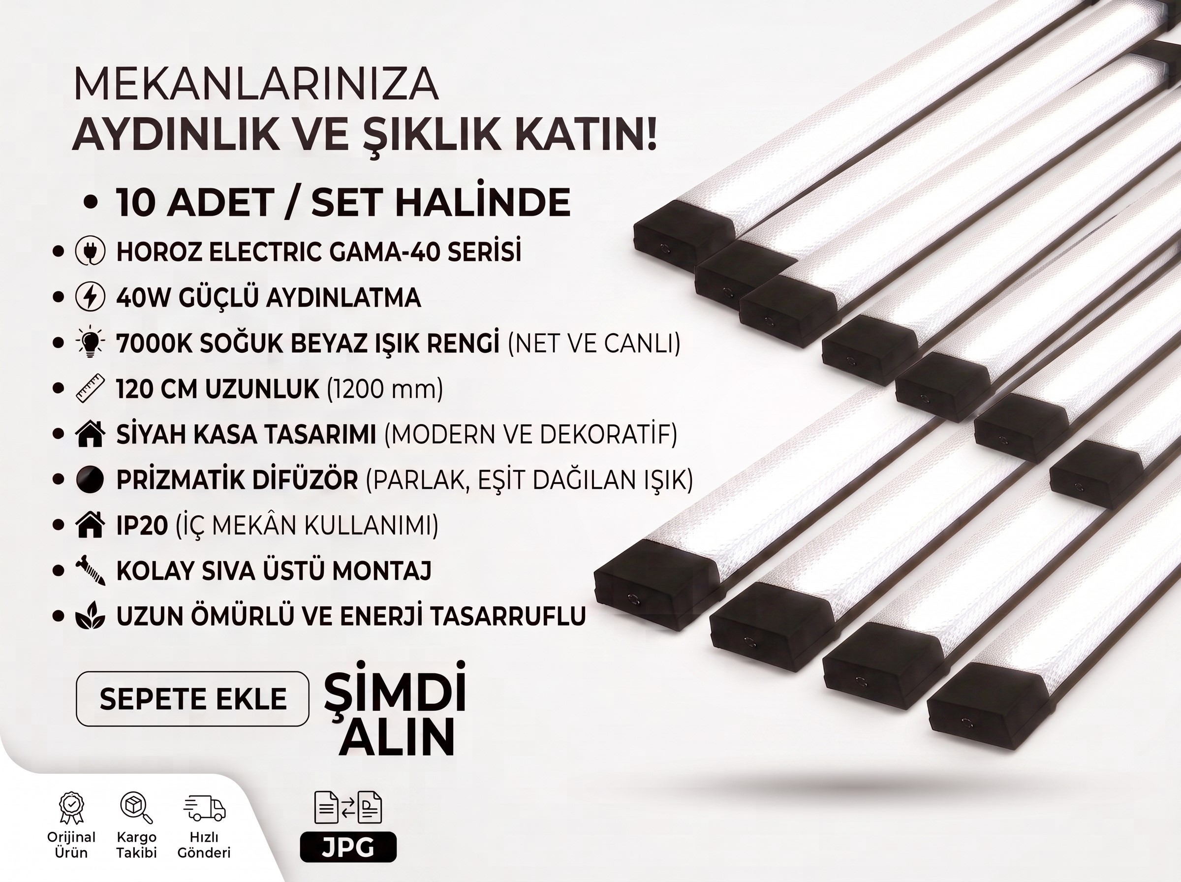 Gama-40 Siyah 120 cm 40W 7000K LED Bant Armatür 10 Adet