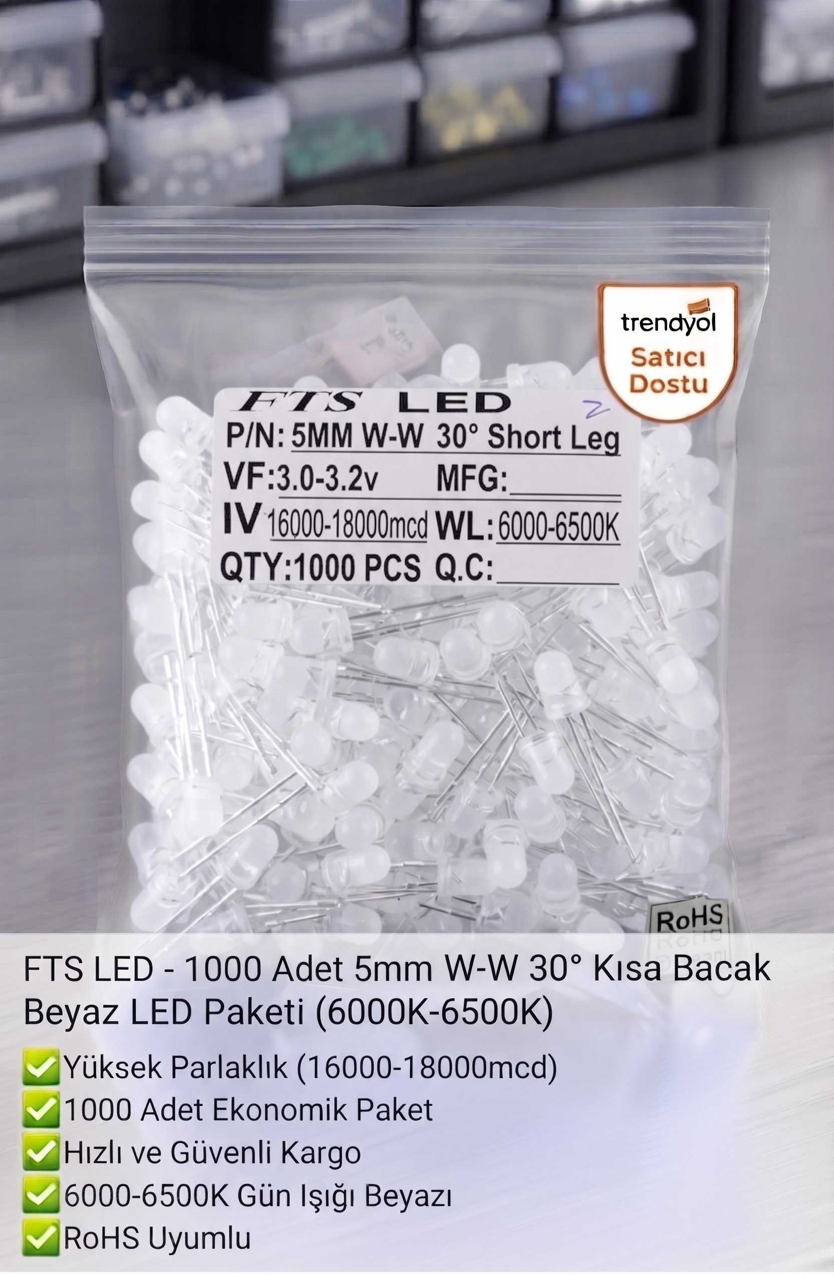 FTS 5mm Beyaz Şapka / Yuvarlak LED 1000 Adet Kısa Bacak 6000K-6500K Gün Işığı Yüksek Parlaklık 16000-18000mcd