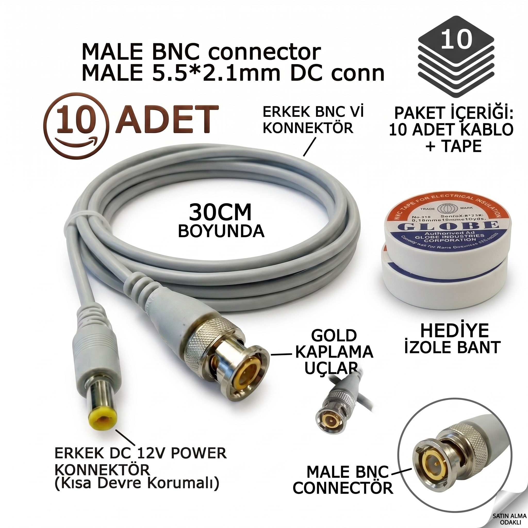 HAZIR BNC KABLO ( ERKEK BNC-ERKEK POWER JACK) 30CM