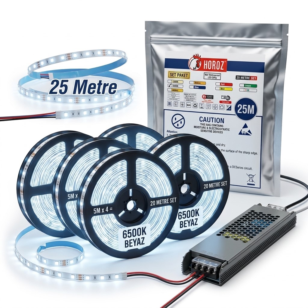 25 Metre Komple LED Şerit Seti – 6500K Soğuk Beyaz, Profesyonel Adaptör Dahil