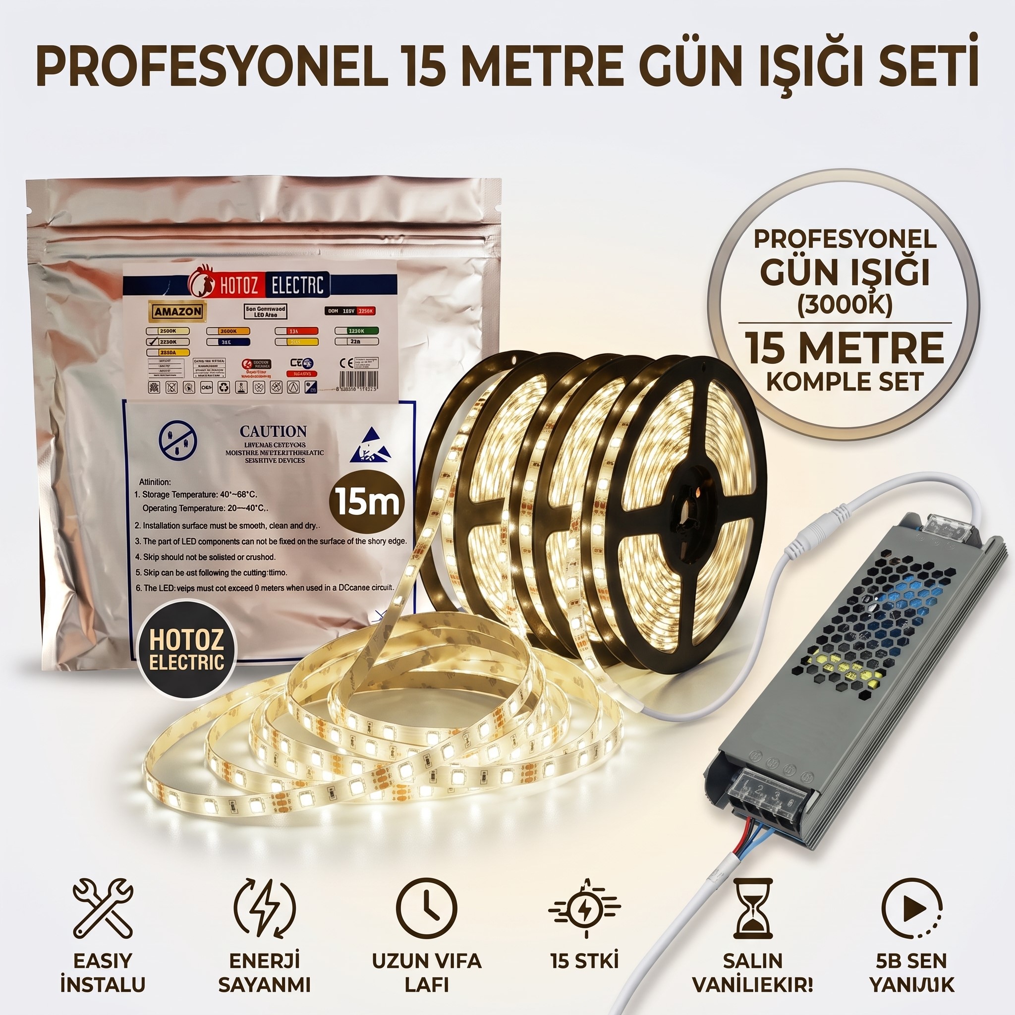 Horoz Electric Profesyonel 15 Metre Gün Işığı (3000K) Komple LED Seti