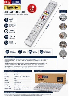 Horoz Electric 10’lu Paket GAMA-80 80W LED BANT ARMATÜR 120 cm 7000K Beyaz Işık 10’lu Paket