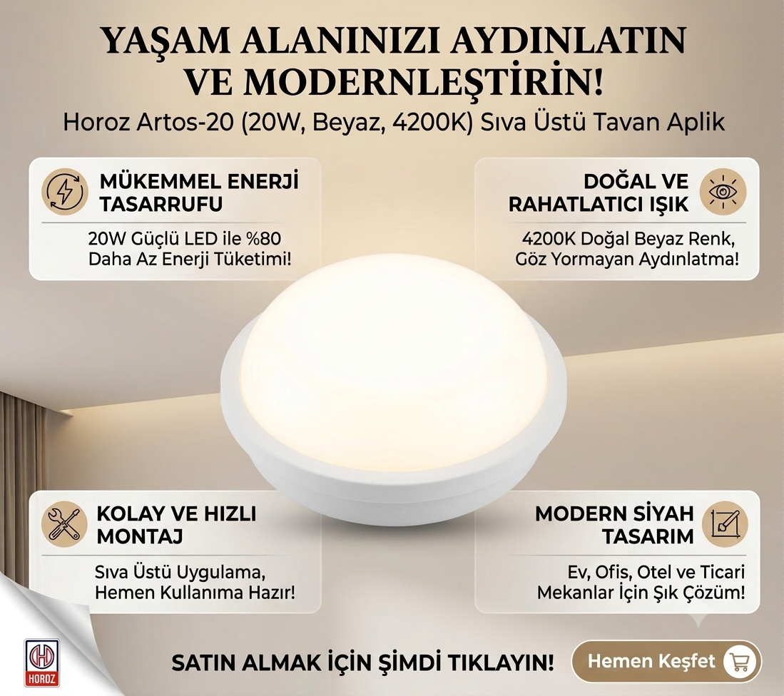 Horoz Artos-20 20W LED Tavan Aplik - Siyah ve Beyaz Kasa - 4200K