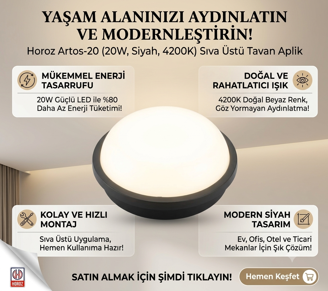 Horoz Artos-20 20W LED Tavan Aplik - Siyah ve Beyaz Kasa - 4200K