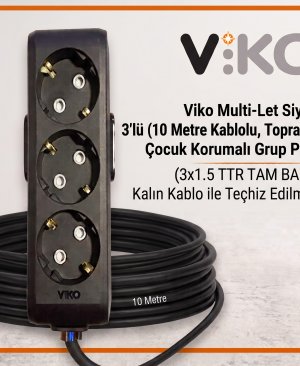 Viko Multi-Let Siyah 3’lü Grup Priz, 10 metre 3x1.5 TTR tam bakır kalın kablo