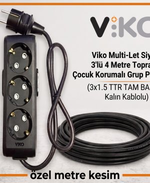 Viko Multi-Let Siyah 3’lü Grup Priz, 4 metre 3x1.5 TTR tam bakır kalın kablo