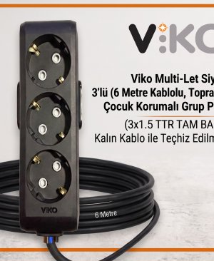 Viko Multi-Let Siyah 3’lü Grup Priz, 6 metre 3x1.5 TTR tam bakır kalın kablo