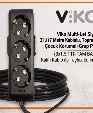 Viko Multi-Let Siyah 3’lü Grup Priz, 7 metre 3x1.5 TTR tam bakır kalın kablo