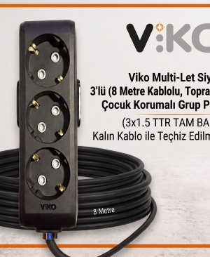 Viko Multi-Let Siyah 3’lü Grup Priz, 8 metre 3x1.5 TTR Tam Bakır Kalın Kablo
