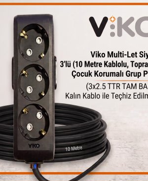 Viko Multi-Let Siyah 3’lü Grup Priz, 10 metre 3x2.5 TTR tam bakır kalın kablo