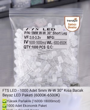 FTS 5mm Beyaz Şapka / Yuvarlak LED 1000 Adet Kısa Bacak 6000K-6500K Gün Işığı Yüksek Parlaklık 16000-18000mcd