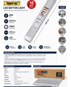 Horoz Electric 10’lu Paket GAMA-80 80W LED BANT ARMATÜR 120 cm 7000K Beyaz Işık 10’lu Paket