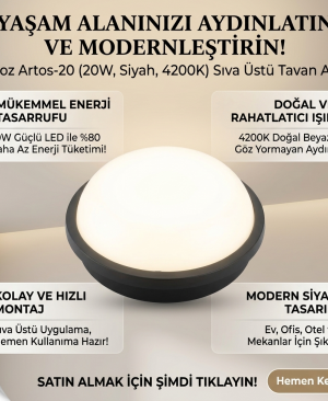 Horoz Artos-20 20W LED Tavan Aplik - Siyah ve Beyaz Kasa - 4200K