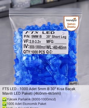 FTS LED - 1000 Adet 5mm B 30° Kısa Bacak Mavili LED Paketi (460nm-465nm)