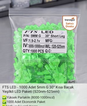 FTS LED - 1000 Adet 5mm G 30° Kısa Bacak Yeşil LED Paketi (520nm-525nm)