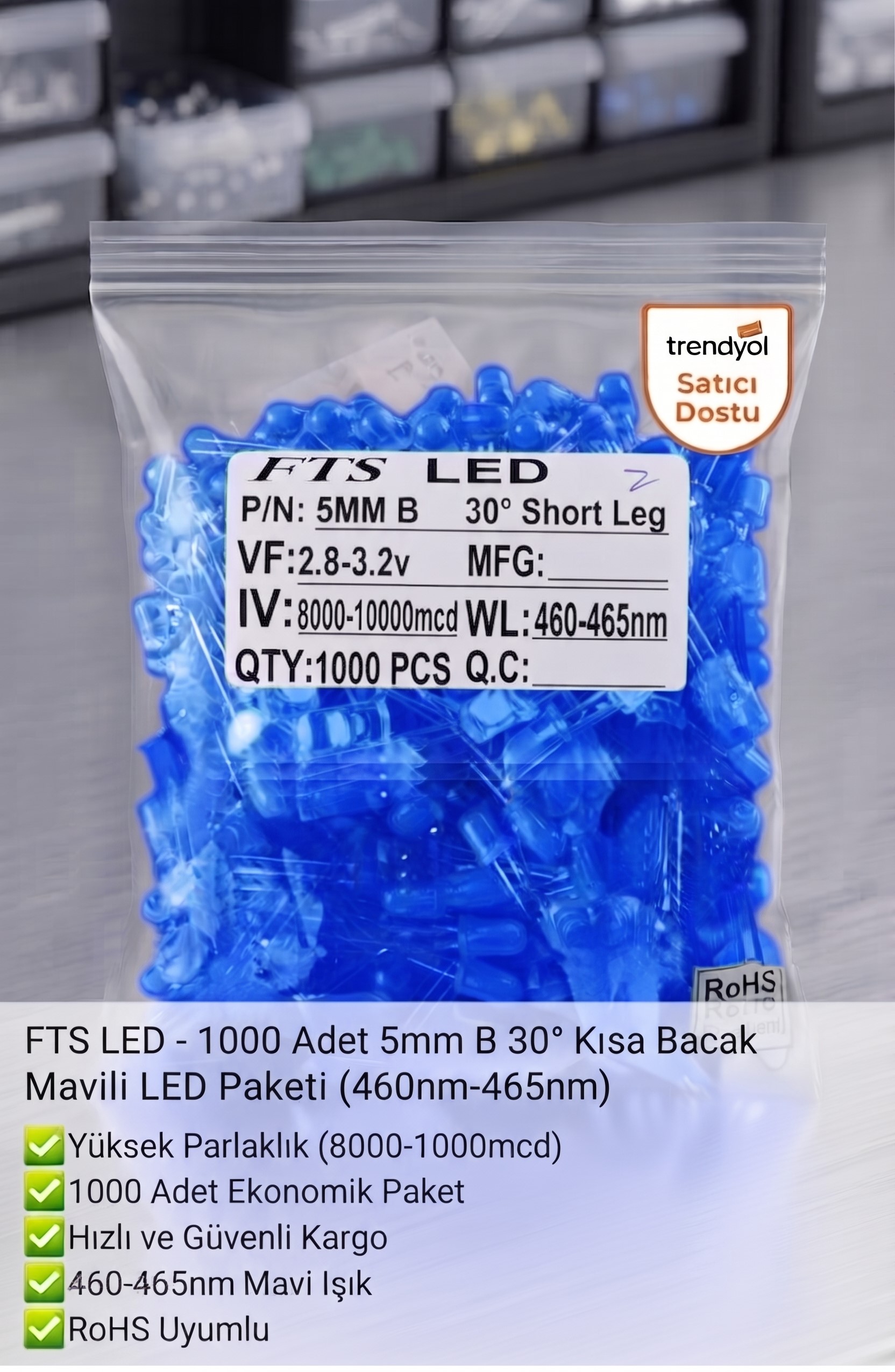 FTS LED - 1000 Adet 5mm B 30° Kısa Bacak Mavili LED Paketi (460nm-465nm)