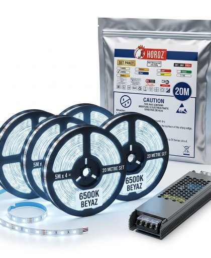 20 Metre Komple LED Şerit Seti – 6500K Soğuk Beyaz, Profesyonel Adaptör Dahil