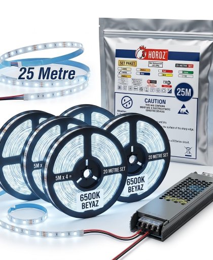 25 Metre Komple LED Şerit Seti – 6500K Soğuk Beyaz, Profesyonel Adaptör Dahil