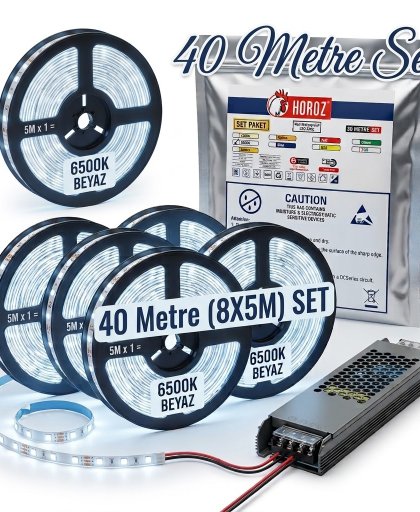 ​25 Metre Komple LED Şerit Seti – 6500K Soğuk Beyaz, Profesyonel Adaptör Dahil