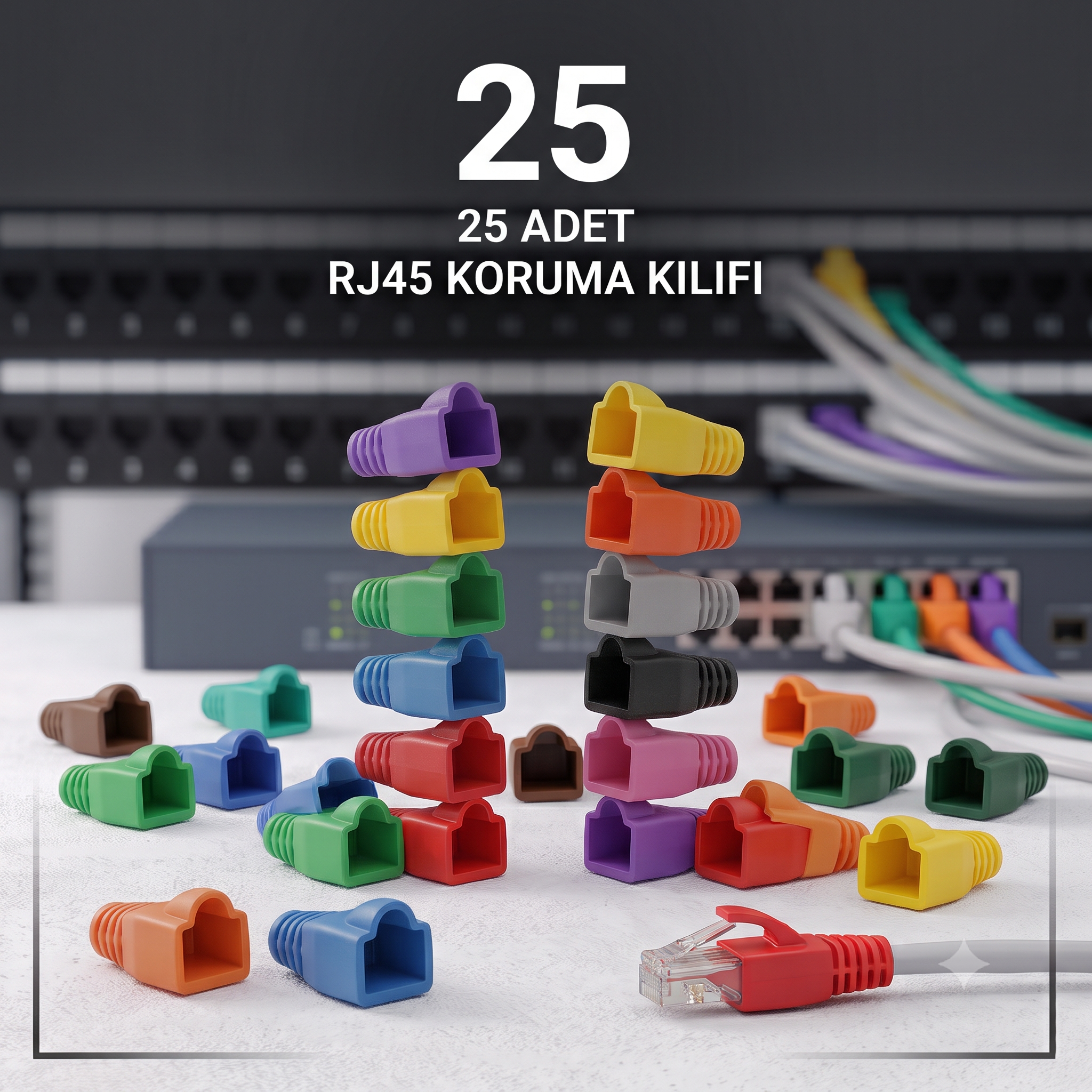 RJ45 Cat5/Cat6/Cat7 Renkli Konnektör Koruma Kılıfı ( 25 Adet)
