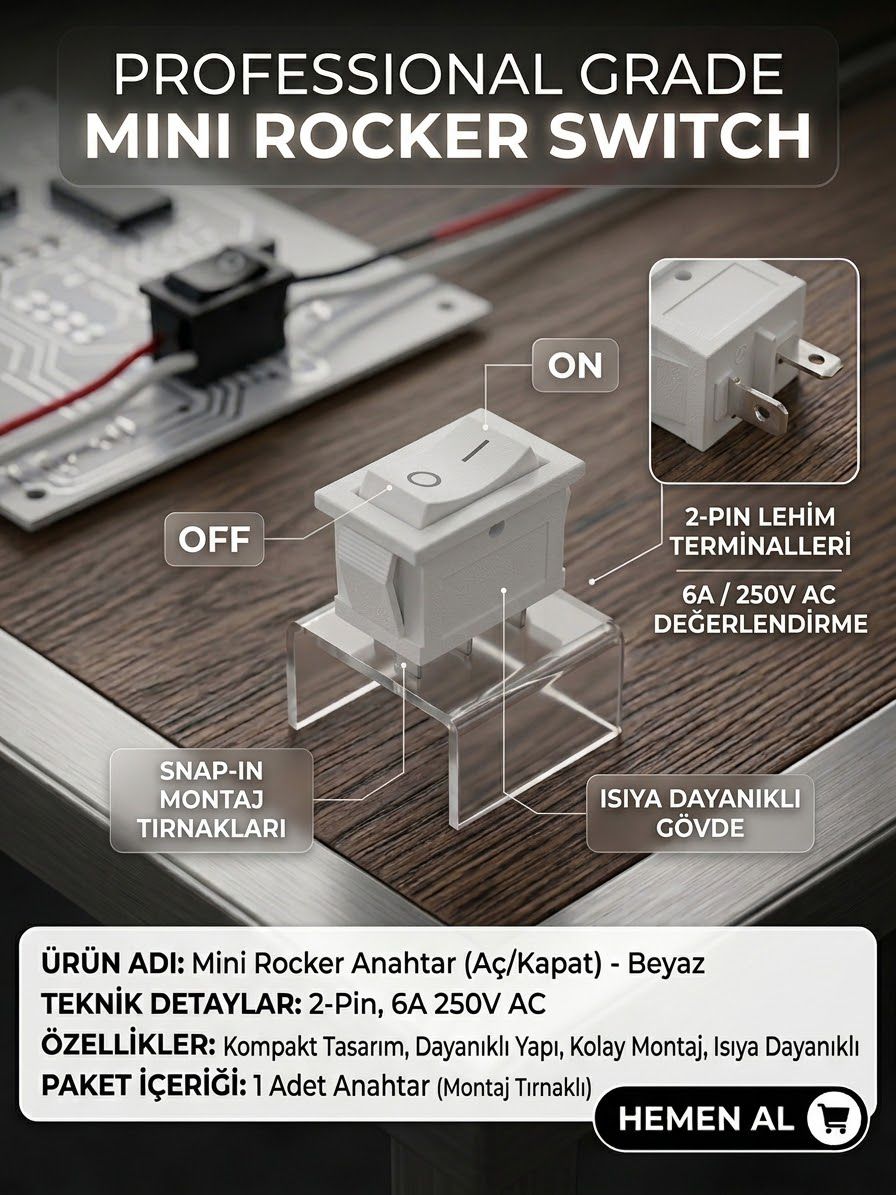 2 Pin Beyaz Anahtar Switch Mini Buton Kcd1 Plastik Açma Kapama On / Off
