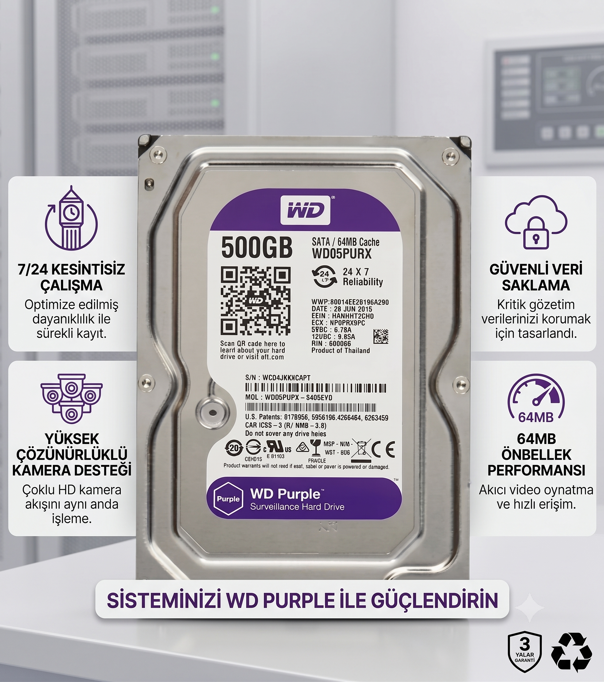 Western Digital WD Purple 500 GB 7/24 Gözetim ve Güvenlik Kamera Sabit Diski