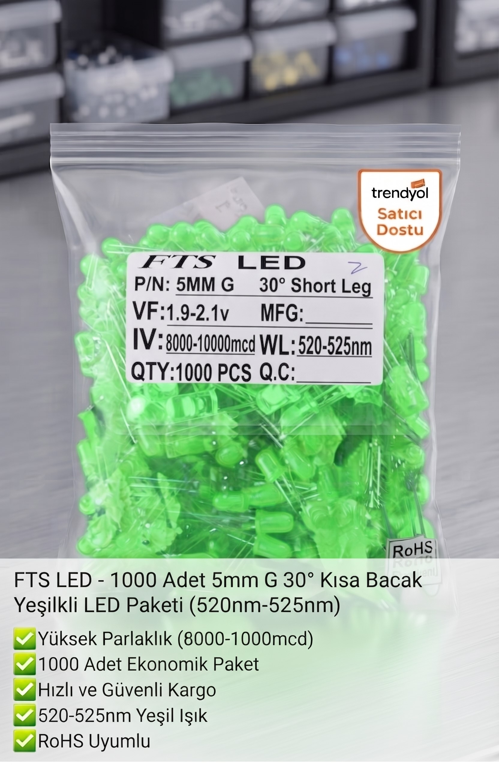 FTS LED - 1000 Adet 5mm G 30° Kısa Bacak Yeşil LED Paketi (520nm-525nm)